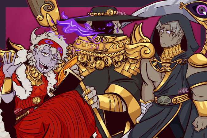 Fanart of rougue-like game from american indie company Supergiant, featuring the characters of Hypnos, Charon and Thanatos