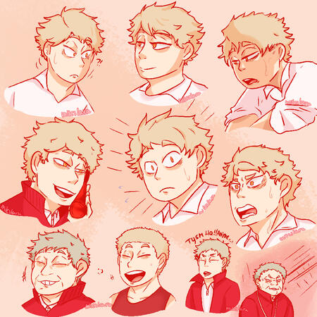 Fanart of Weekly Shonen Jump's volleyball manga and anime, featuring various expressions from the manga of Coach Nekomata Yasufumi
