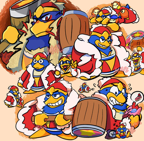 Fanart of Nintendo's videogame series, featuring main character King Dedede in various poses and expressions